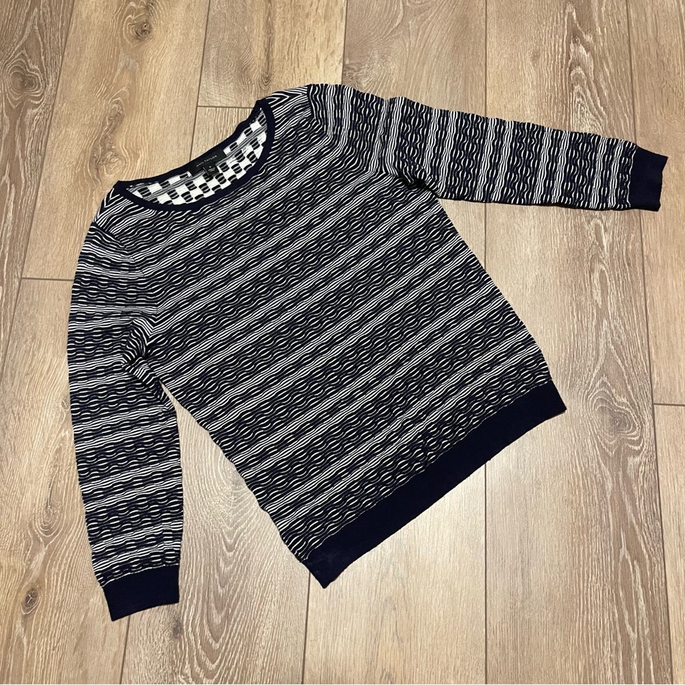 Ann Taylor Women Navy Geometric Boat Neck Long Sleeve Merino Wool Sweater Medium